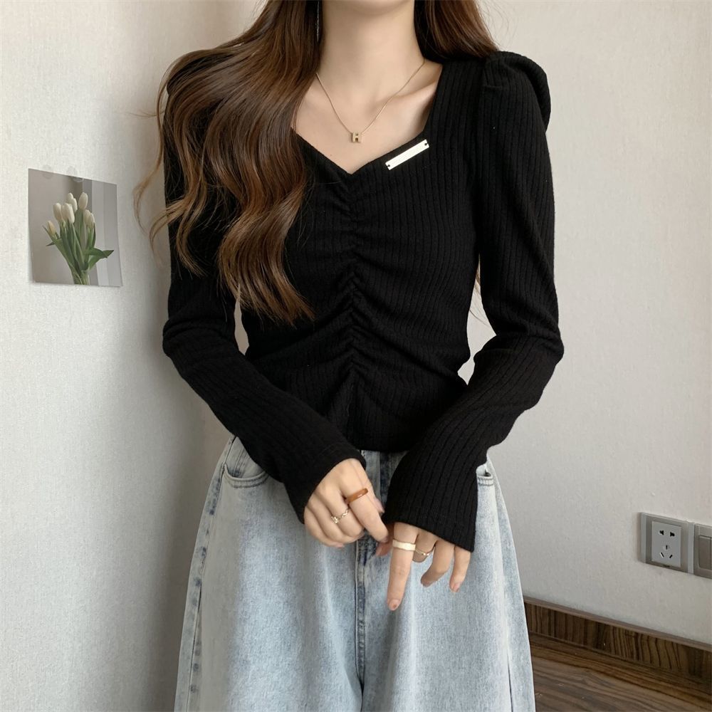 t恤打底衫女秋冬韓版ins風氣質新款褶皺設計感小眾法式小個子上衣
