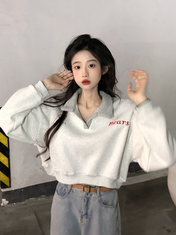 Plush velvet and thickened American Polo collar sweatshirt for women petite autumn and winter pullover hoodless simple lazy style short top