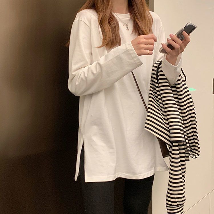 德絨白色開叉長袖t恤女加絨打底衫女內搭秋冬新款寬鬆中長款上衣