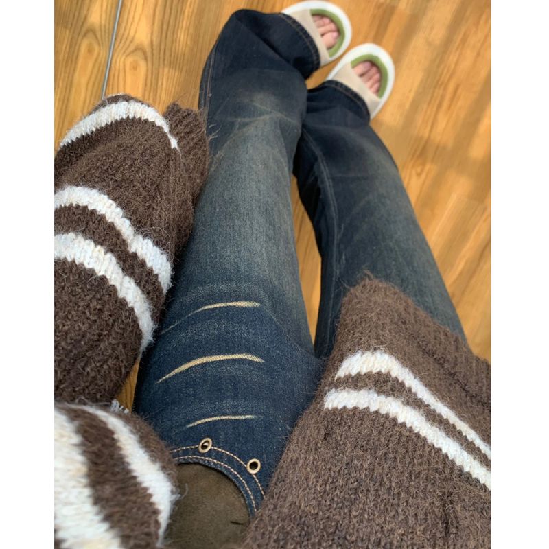美式復古做舊拼接微喇叭牛仔褲女小個子高腰直筒顯瘦闊腿拖地長褲