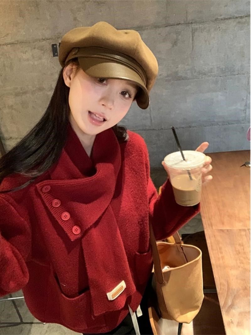PROMONE韓系chic針織毛衣女秋冬新款軟糯紅色洋氣長袖上衣+圍巾