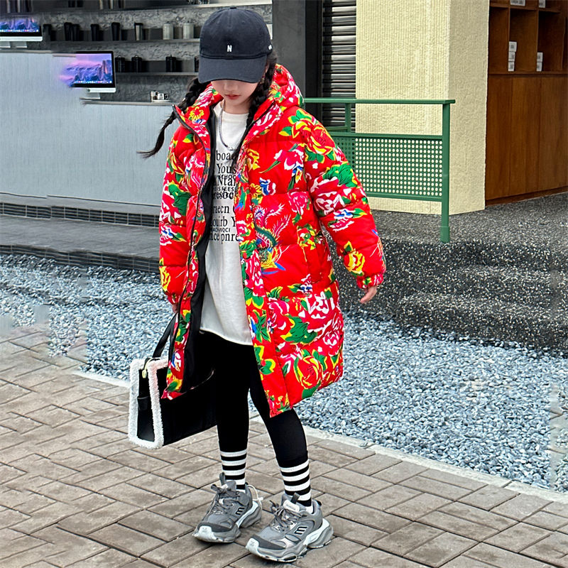女童冬裝中長款花襖兒童洋氣冬季加絨加厚棉襖保暖氣質外套棉衣潮