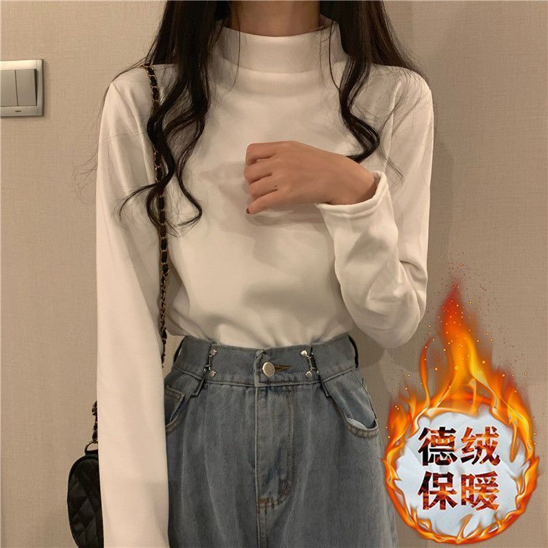 雙面磨毛德絨秋冬打底衫女半高領學生長袖內搭保暖發熱上衣