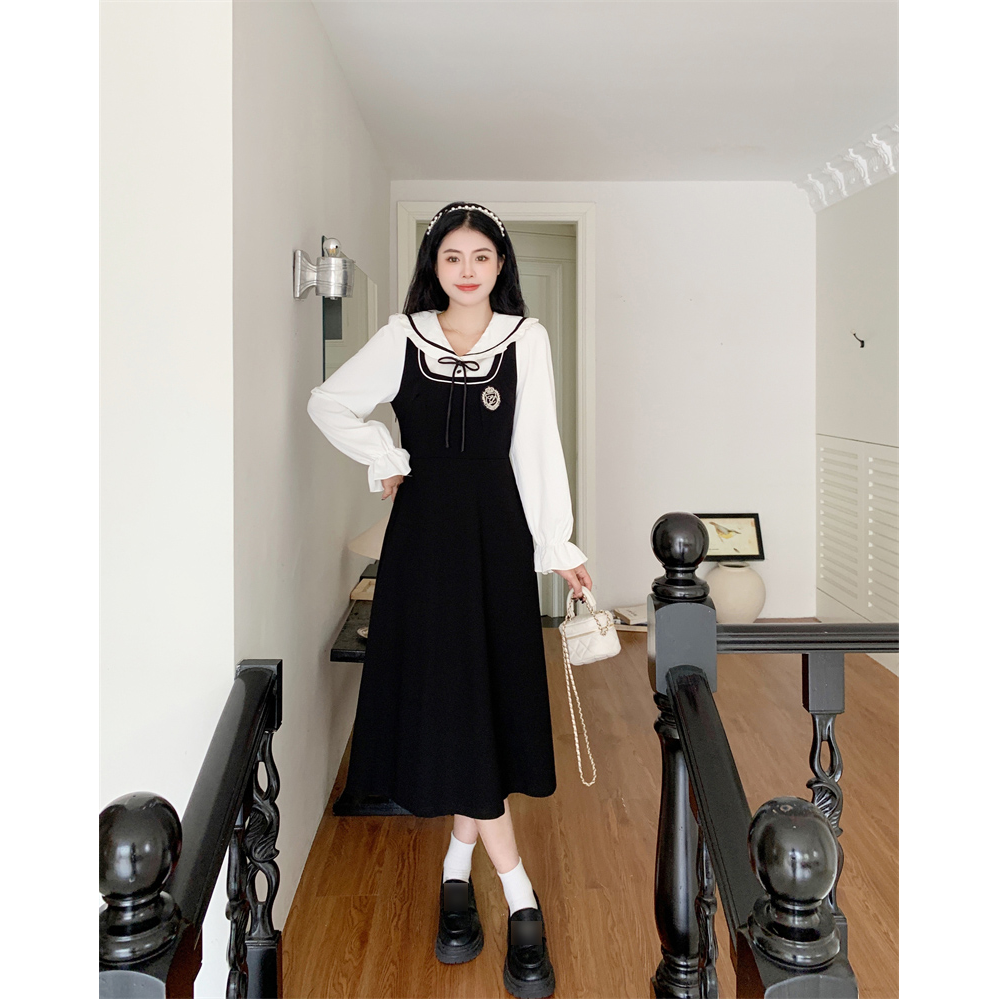 法式復古學院風大碼女裝胖mm長袖襯衫配裙子兩件套裝連衣裙女秋