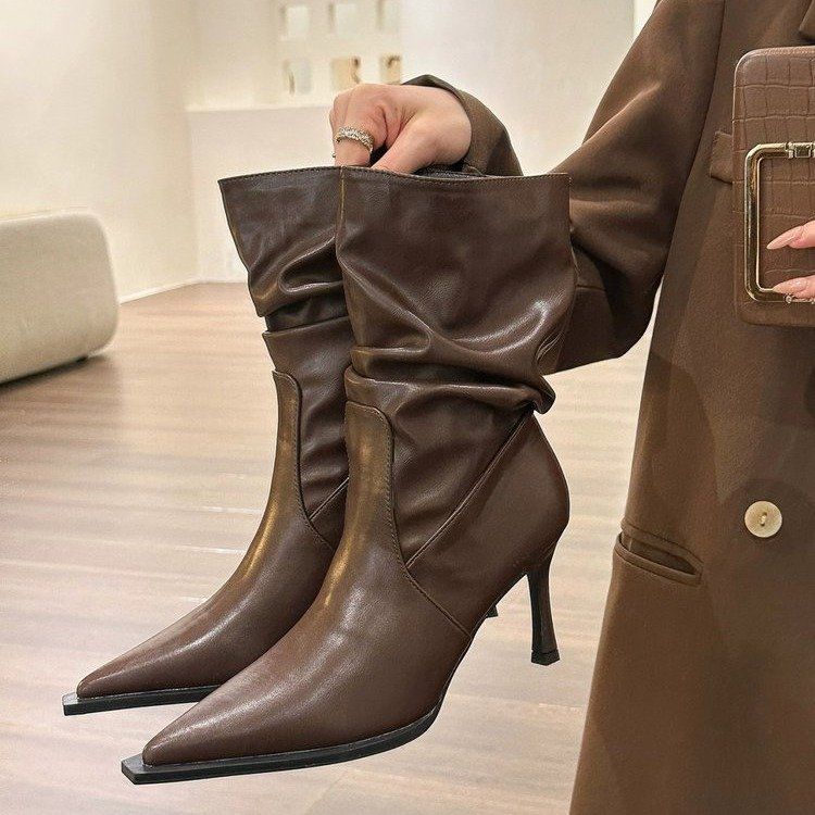 2023 Autumn Short Boots Pointed Toe Thin Heel Temperament Slim Boots European and American Style High Heels Elastic Back Zipper Short Boots Women's Trend