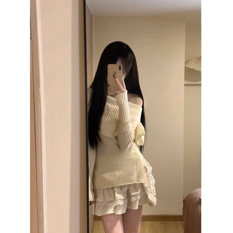 套裝女2023秋冬新款學院風設計感小眾一字肩修身針織毛衣+半身裙
