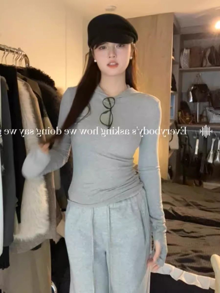 歐貨灰色高級感打底衫內搭秋冬款獨特别致修身連帽長袖t恤女上衣