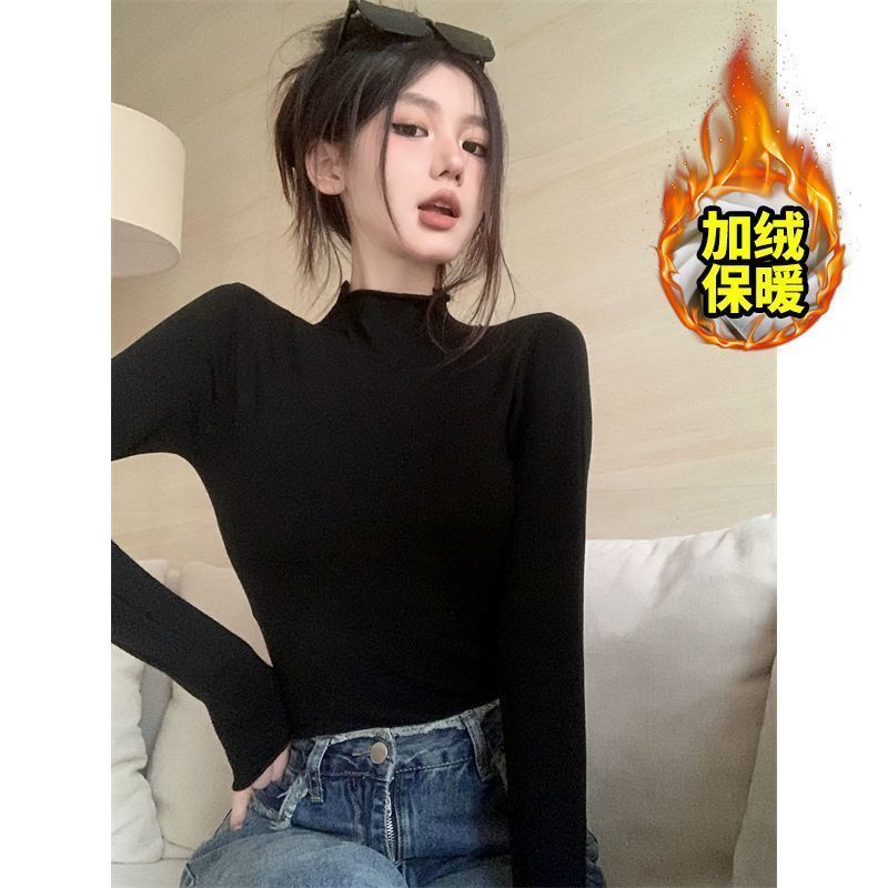 秋冬2023新款黑色半高領保暖女修身內搭彈力打底衫顯瘦長袖上衣