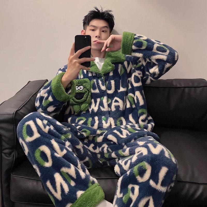 睡衣男秋冬季加厚加絨卡通法蘭絨青少年保暖珊瑚絨寬鬆家居服套裝