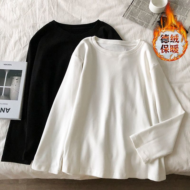 德絨長袖T恤加絨加厚打底衫寬鬆百搭秋冬新款女裝ins白色上衣學生