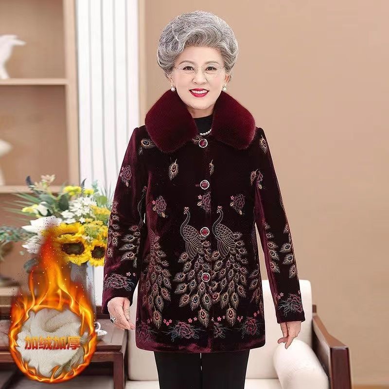 奶奶装冬装加绒外套70岁中老年妈妈冬装水貂绒外衣女加厚老人衣服