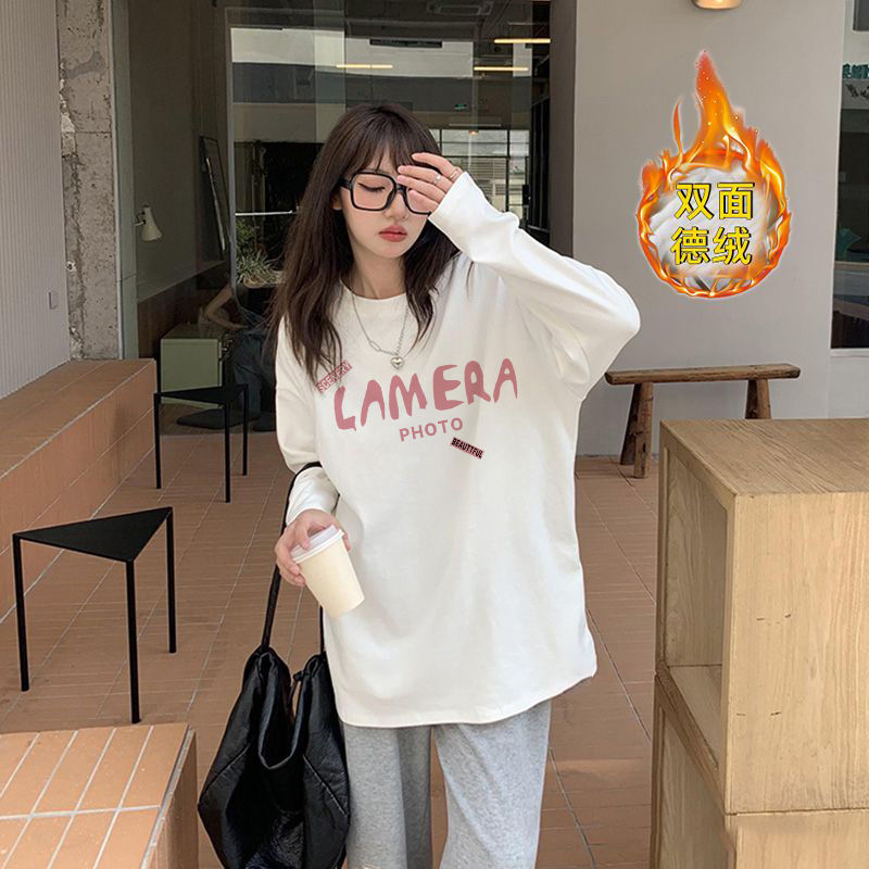 加厚雙面德絨圓領白色印花打底衫女加絨秋冬磨毛內搭寬鬆長袖t恤