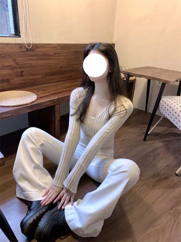 法式辣妹純欲v領長袖T恤新款內搭修身顯瘦收腰氣質打底衫時尚上衣