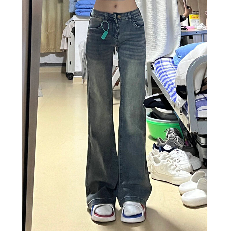 美式復古水泥灰高腰微喇叭牛仔褲女小個子直筒彈力顯瘦馬蹄長褲潮