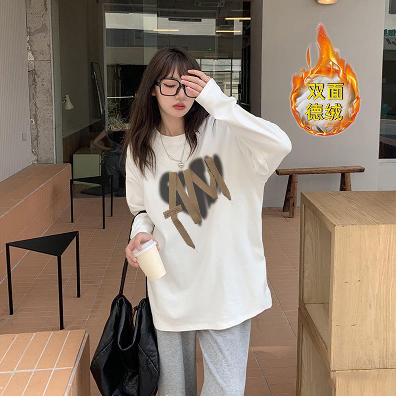 加厚雙面德絨圓領白色印花打底衫女加絨秋冬磨毛內搭寬鬆長袖t恤