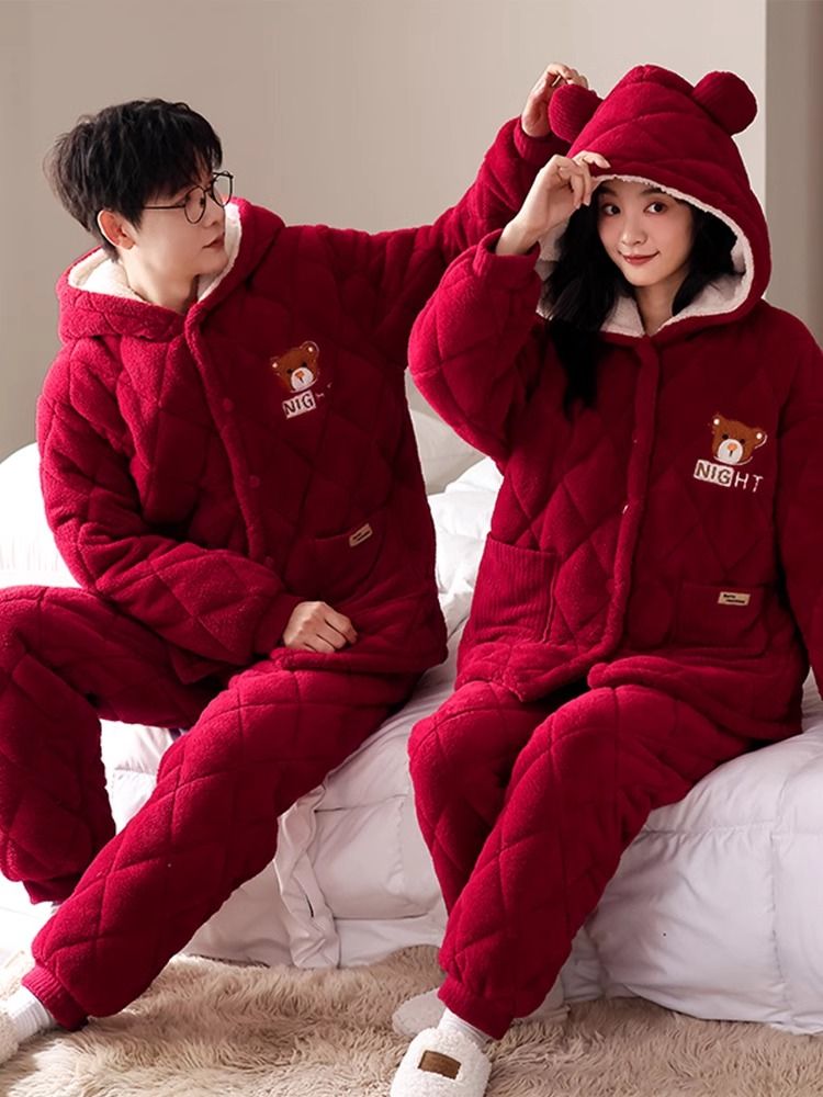 珊瑚絨情侶睡衣冬季2023新款三層夾棉新婚結婚紅色男女家居服套裝