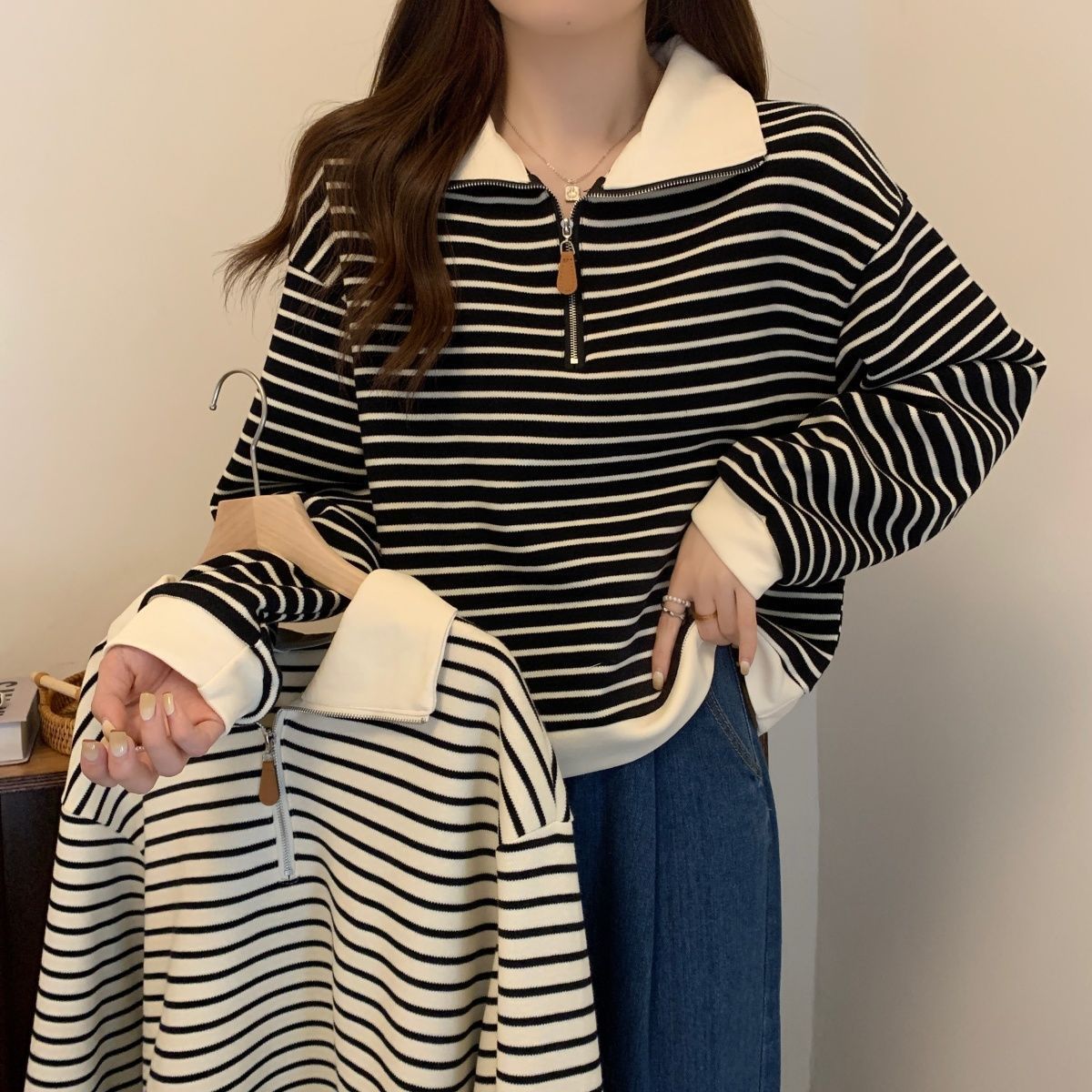 大碼胖mm美式條紋Polo領正肩衛衣女秋季新款時尚半拉鏈長袖上衣