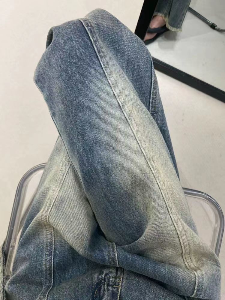 復古毛邊設計直筒牛仔褲女秋冬新款高腰寬鬆顯瘦闊腿拖地長褲子潮