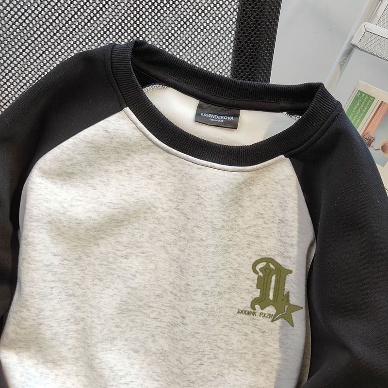 Contrast color sweatshirt for middle-aged and older children, thickened velvet, autumn and winter style, versatile chic, lazy and casual splicing color top design