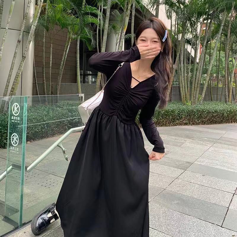 大碼胖mm褶皺拼接V領連衣裙女裝氣質長袖a字裙收腰顯瘦中長裙子
