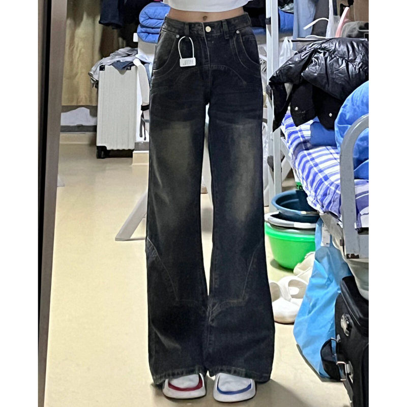 美式復古做舊闊腿牛仔褲女小個子寬鬆高腰直筒設計顯瘦拖地褲子潮