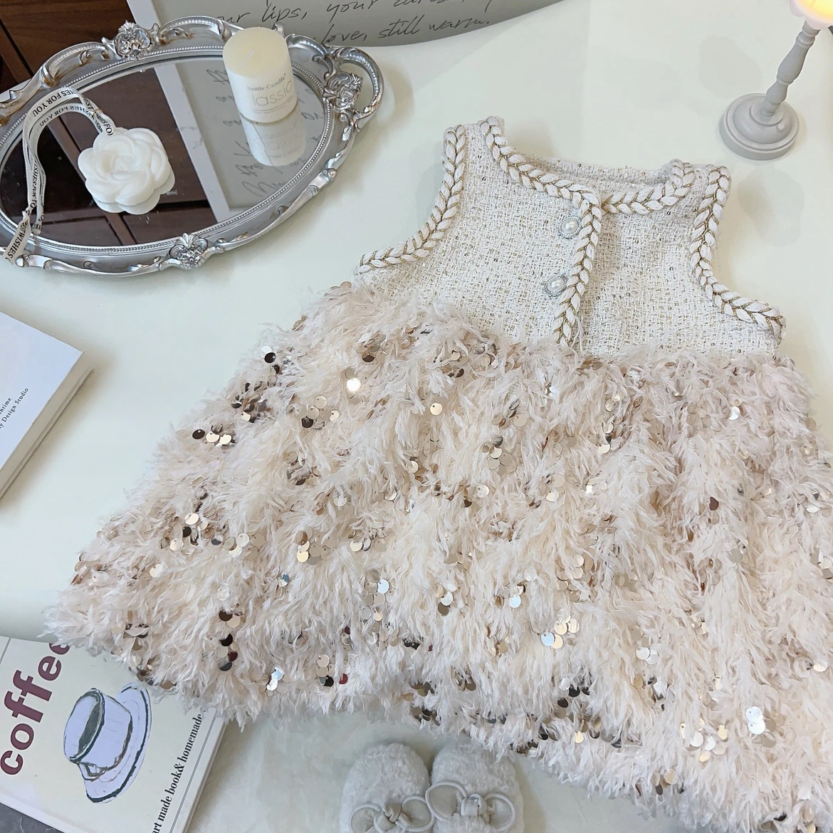 女童冬季童裝連衣裙兒童禮服加絨公主裙亮片閃閃漢服裙子過年衣服