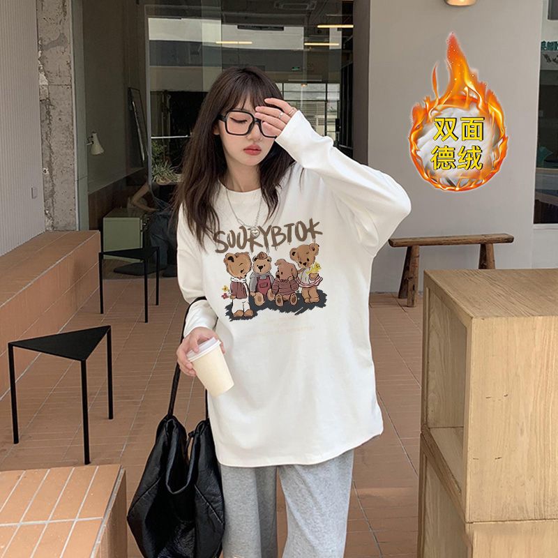 加厚雙面德絨圓領白色印花打底衫女加絨秋冬磨毛內搭寬鬆長袖t恤