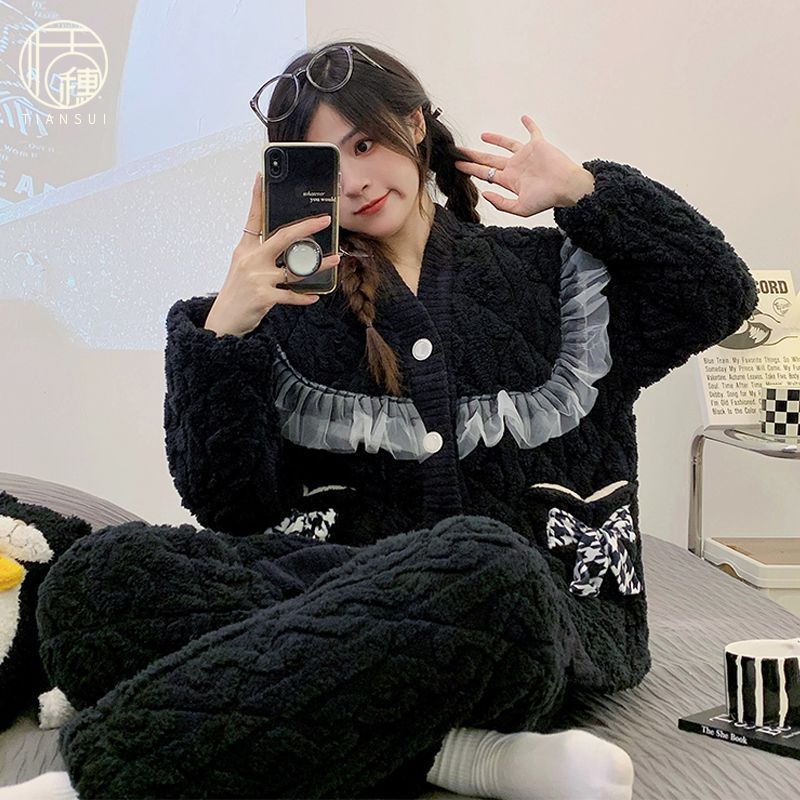 睡衣女冬加厚三層夾棉法蘭絨加絨保暖大碼可外穿可愛珊瑚絨家居服