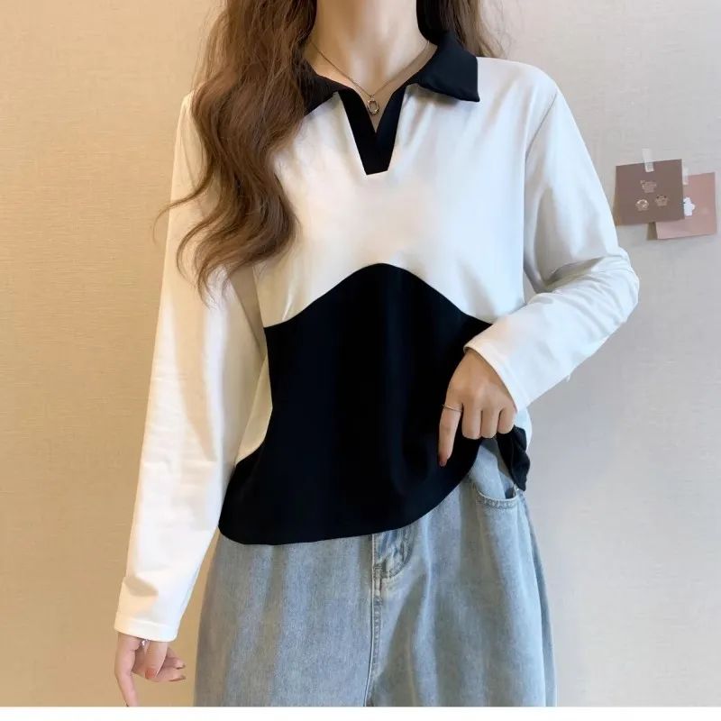 大碼女裝2024秋冬新款氣質Polo領長袖T恤胖mm顯瘦遮肉打底衫上衣