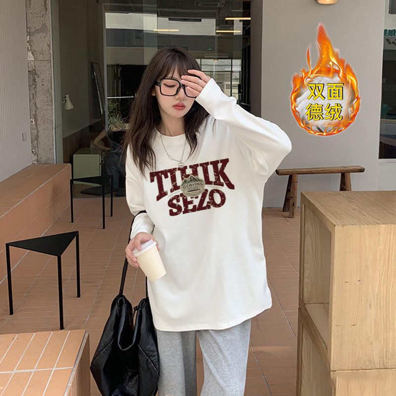 雙面德絨長袖t恤女百搭圓領打底衫秋冬加厚磨毛白色印花寬鬆T恤女