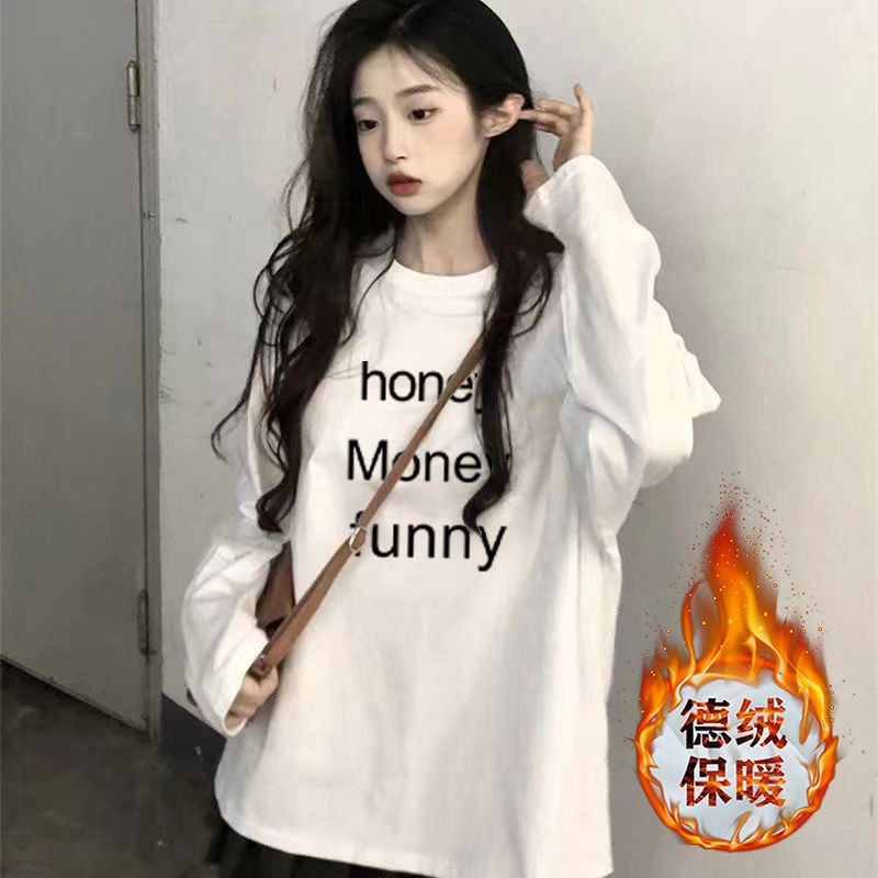加厚雙面德絨圓領白色印花打底衫女加絨秋冬磨毛內搭寬鬆長袖t恤