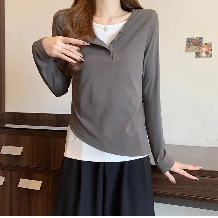 大碼假兩件棉質內搭女秋冬黑色圓領長袖T恤胖MM顯瘦遮肚打底上衣