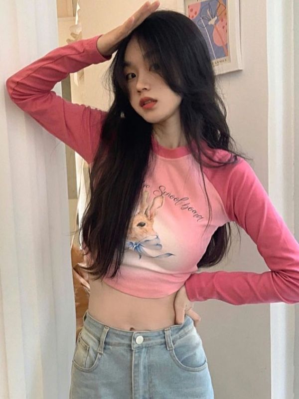 美式緊身T恤女秋季長袖修身顯瘦打底衫甜辣內搭短款粉色打底上衣