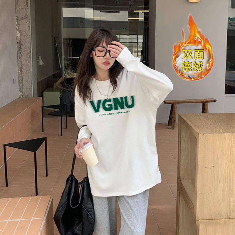 德絨印花t恤白色打底衫女冬季加絨加厚寬鬆慵懶風內搭長袖上衣服