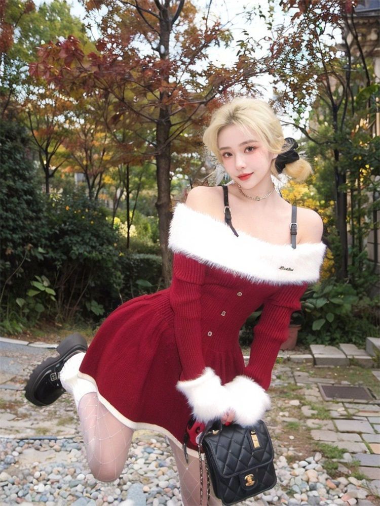 聖誕紅色一字肩吊帶毛衣針織連衣裙女2023秋冬新款高級感純欲短裙