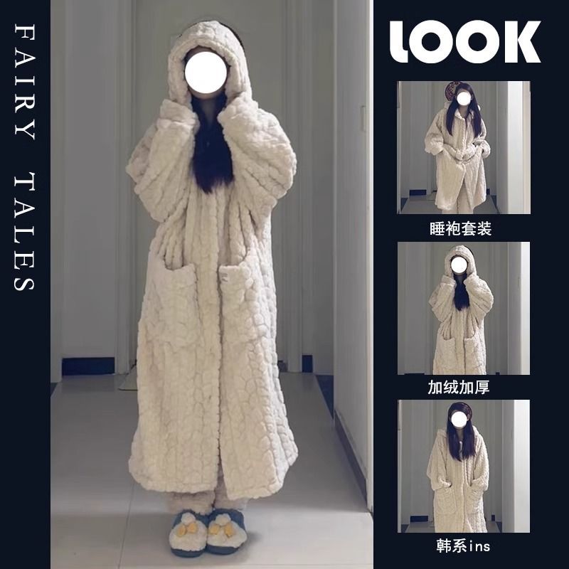 韓版高顏值珊瑚絨睡衣女冬季加絨加厚保暖法蘭絨中長款連帽睡袍女
