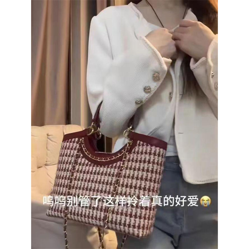 高級千鳥腋下手提包2023紅色新款包包新娘結婚通勤外出日常托特包
