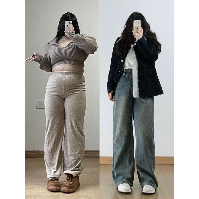 大碼胖mm星空紋直筒牛仔褲女秋冬款復古顯瘦高腰寬鬆闊腿窄版褲子
