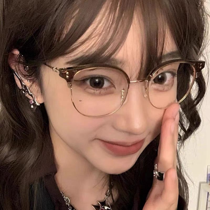 韓版圓形半框眼鏡女款潮可配高度近視鏡素顏顯臉小茶色眼鏡框架男