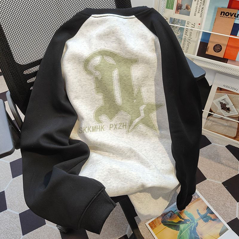 Contrast color sweatshirt for middle-aged and older children, thickened velvet, autumn and winter style, versatile chic, lazy and casual splicing color top design