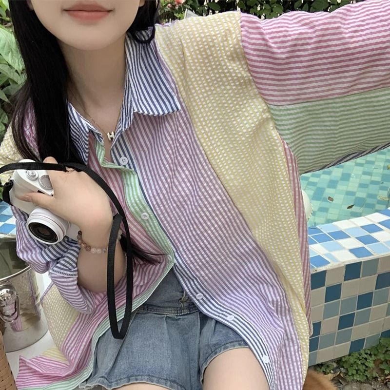 甜美別致彩色條紋拼接長袖寬鬆襯衫女秋季設計感小眾休閒百搭上衣