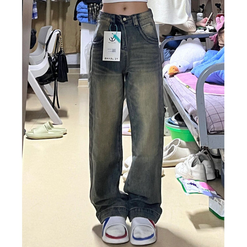 復古做舊高腰闊腿牛仔褲女春季小個子直筒顯瘦垂感拖地長褲ins潮