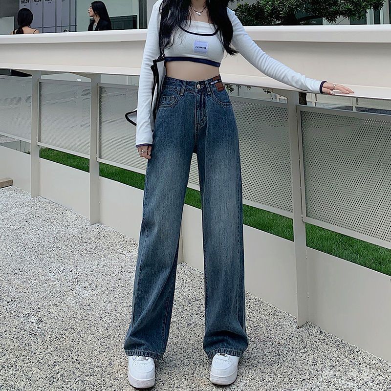 Floor-length pants with leather brand design, high-waisted vibe style wide-leg pants, autumn and winter high street casual straight-leg denim trousers