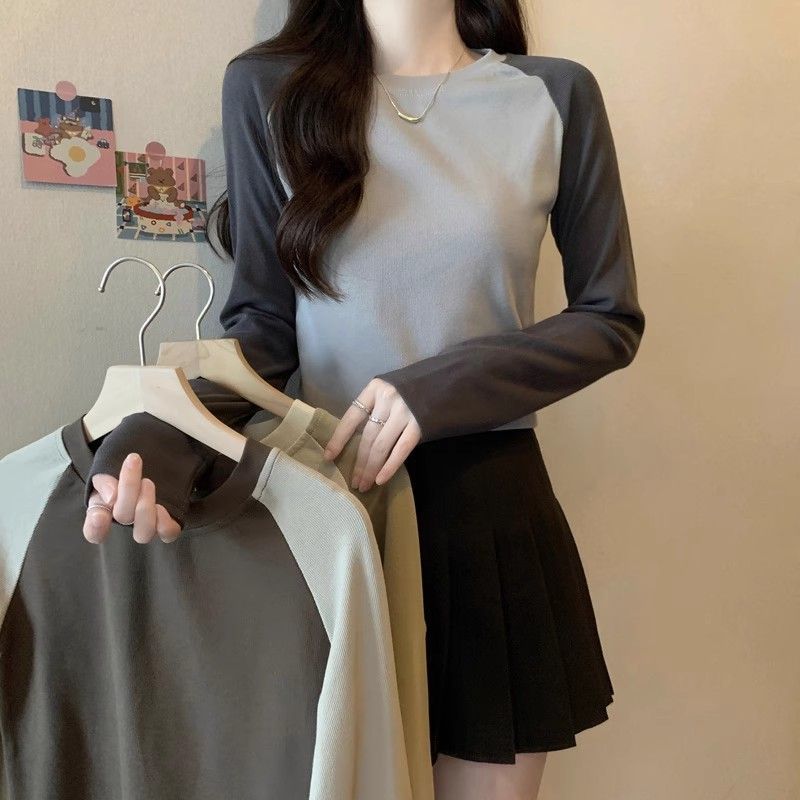 大碼女裝美式復古撞色長袖棉質衫秋冬辣妹風打底衫胖mm時尚上衣韓