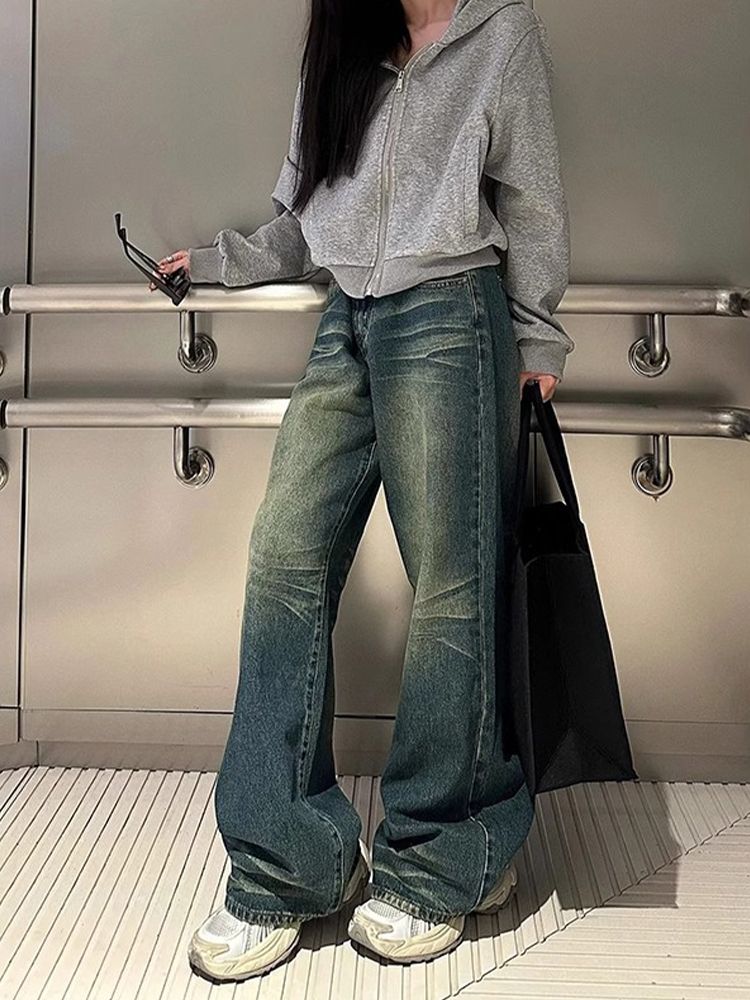 做舊不貼腿喇叭牛仔褲女冬季新款低腰寬鬆闊腿顯瘦微喇直筒褲子潮