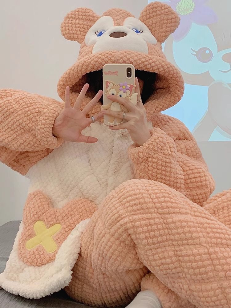 三層夾棉襖睡衣女加厚保暖珊瑚絨秋冬季連帽卡通法蘭絨家居服套裝