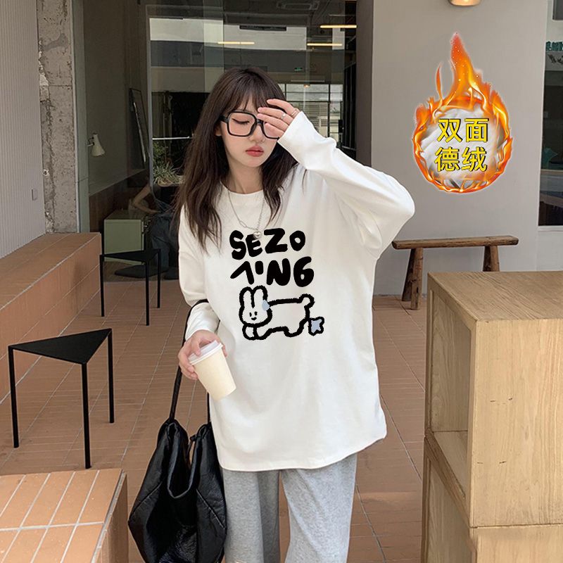 德絨印花t恤白色打底衫女冬季加絨加厚寬鬆慵懶風內搭長袖上衣服