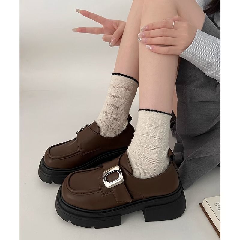 British style height increasing small leather shoes for women 2024 new spring and autumn retro platform shoes one-leg loafers
