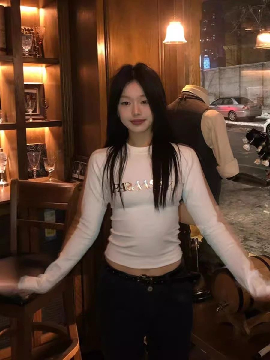 美式正肩長袖t恤女春秋冬顯瘦內搭打底衫ins修身收腰辣妹短款上衣