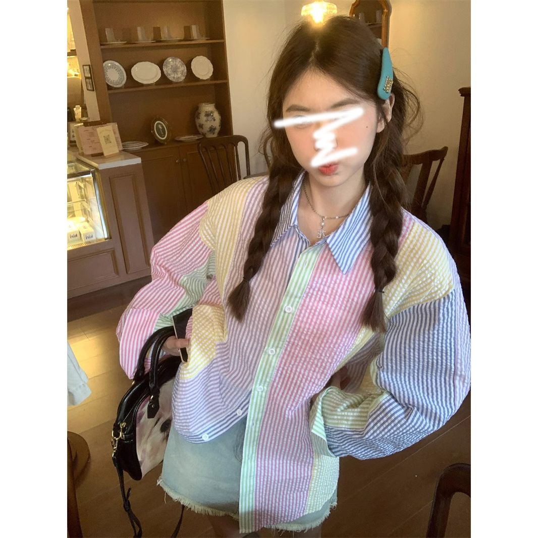 韩系设计感糖果色拼接条纹宽松长袖衬衫外套女春秋季甜美休闲衬衣